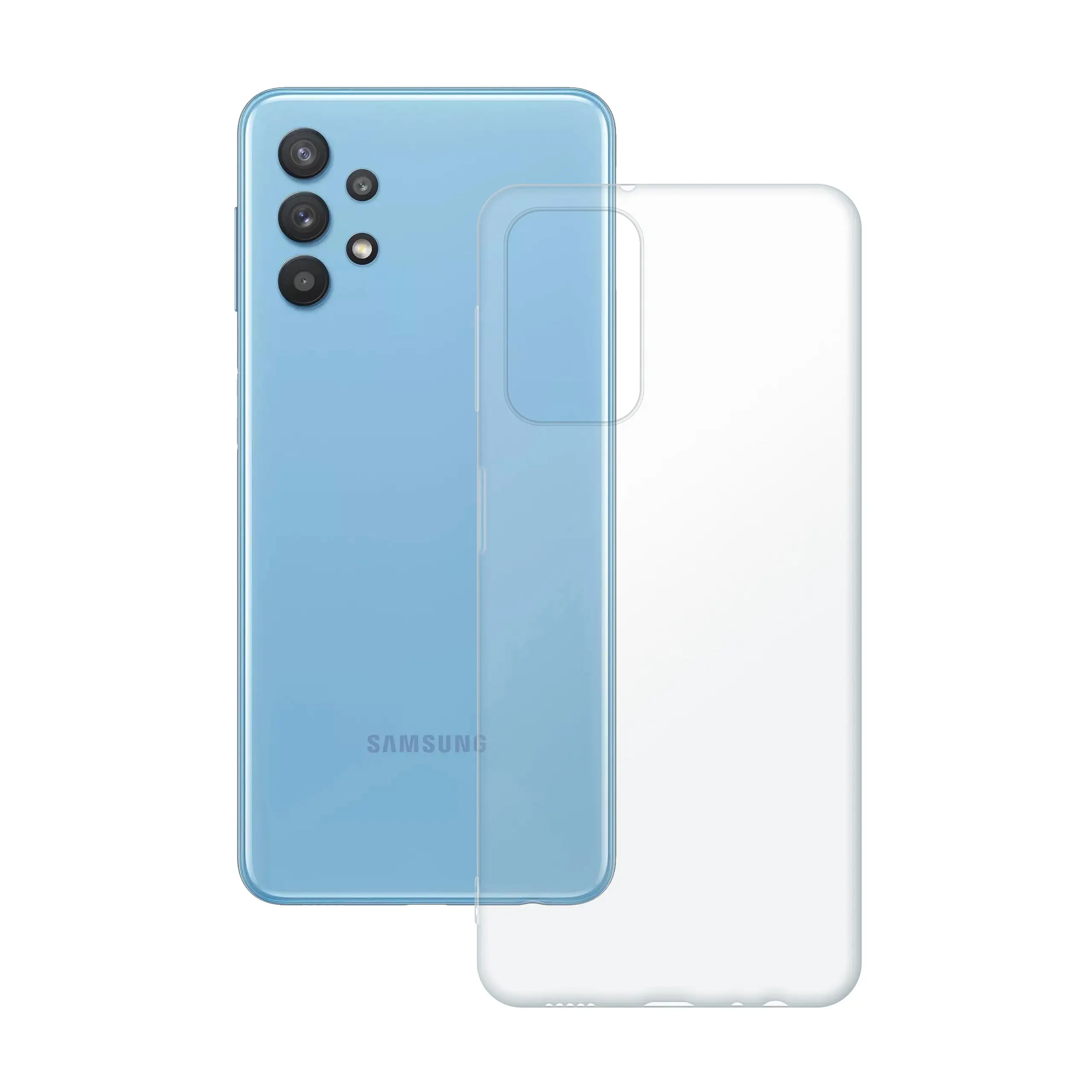 Etui silikonowe przezroczyste Polski Banan obok telefonu Samsung Galaxy A32 5G